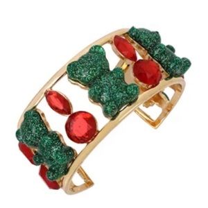 Betsey Johnson Gummy Bear Red Green and Gold Tone Festive Cuff Bracelet